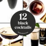 Collage of four different black-colored cocktails with the text “12 black cocktails” in the center.
