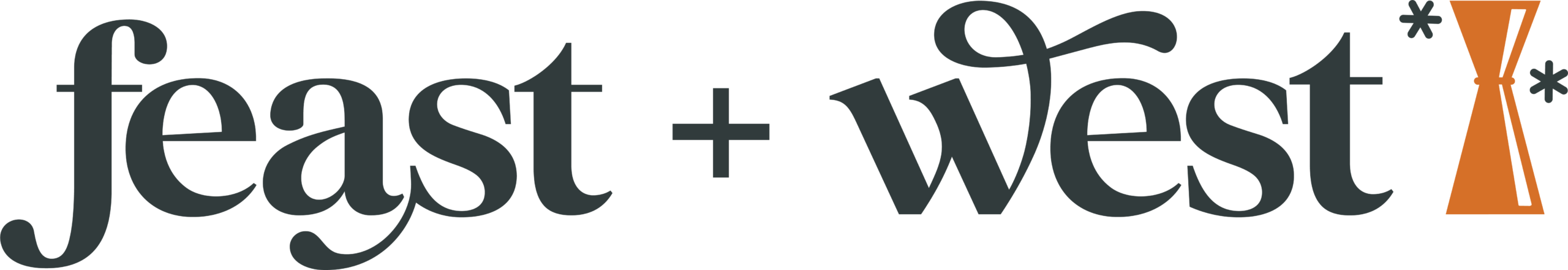 Logo for Feast + West with an orange cocktail shaker icon.