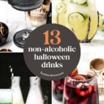 Collage of four Halloween-themed non-alcoholic drinks with the text: 13 non-alcoholic Halloween drinks.
