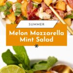 Salad with melon, mozzarella, mint, and prosciutto, topped with a lime slice.
