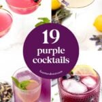 Four colorful cocktails, mostly purple, surround a circle reading “19 purple cocktails” in bold white text.