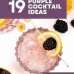 Two drinks with ice, blackberries, and lemon slices. Text: 19 Purple Cocktail Ideas. Read more at feastandwest.com.