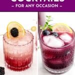 Two purple cocktails garnished with berries and lemon, with text promoting cocktail recipes from feastandwest.com.